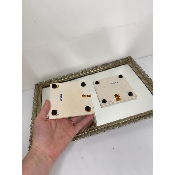 Set of Two Vintage Chinoiserie Style Coasters Trivets Tiles w/ Feet Floral - Picture 7 of 10